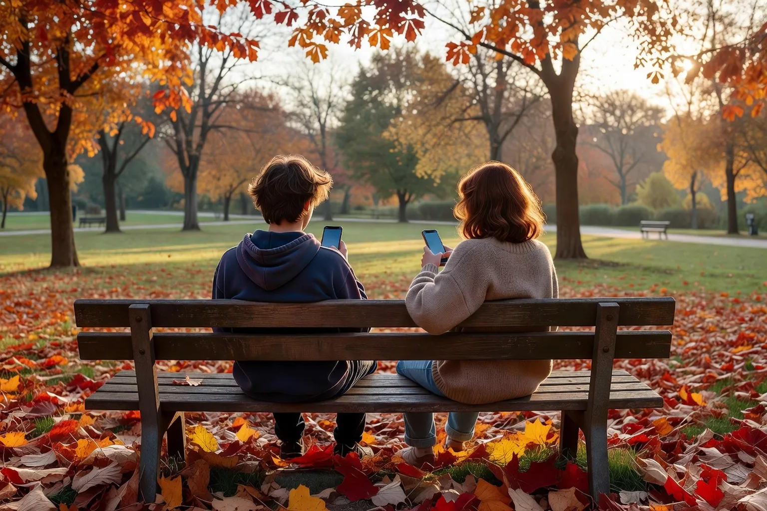 Deux ados sur un banc public, chacun sur son téléphone