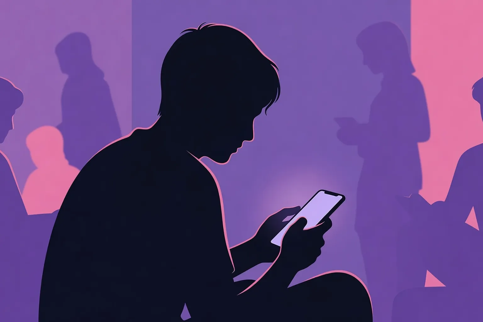 Silhouette d'adolescent utilisant un tchat sur son téléphone