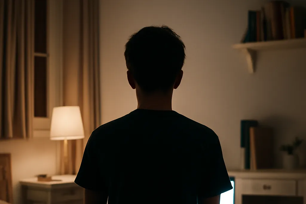 Silhouette d'adolescent de dos, éclairé par l'écran d'un ordinateur dans sa chambre