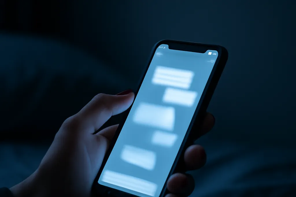Smartphone tenu la nuit, écran de conversation éclairant une main dans la pénombre d'une chambre
