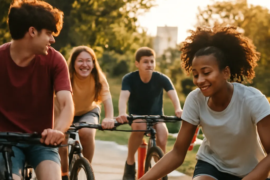 Groupe d'adolescents faisant du vélo ensemble dans un parc urbain, téléphones absents de la scène