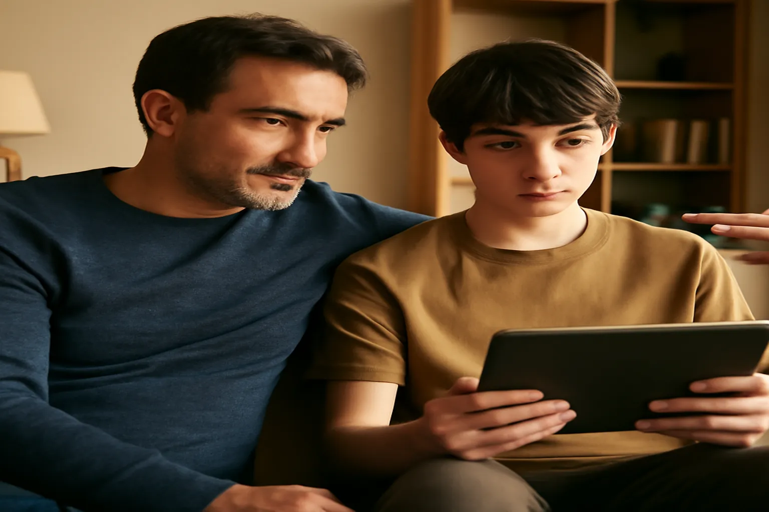 Parent discutant avec son adolescent des filtres de réseaux sociaux et de l'estime de soi