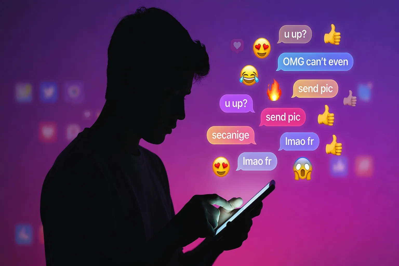Ado tapant sur son téléphone avec des emojis et abréviations chat