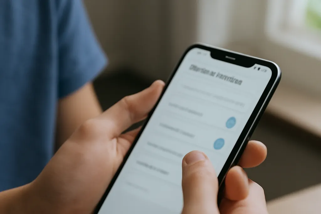 Mains d'un adolescent naviguant dans un menu de paramètres de confidentialité sur smartphone