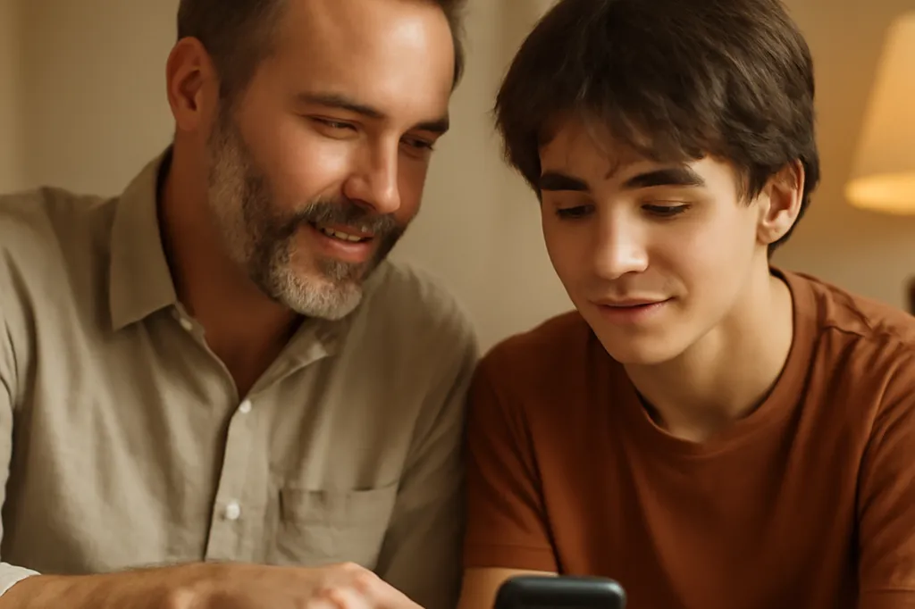 Parent et adolescent assis ensemble, regardant un smartphone et discutant calmement
