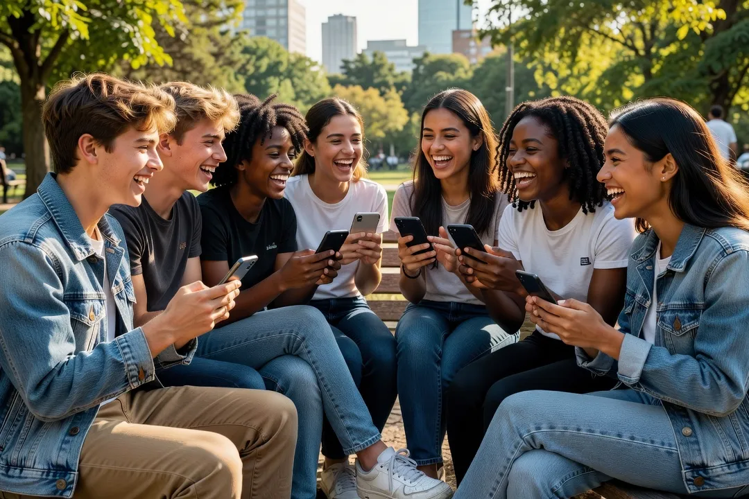 Groupe d'adolescents assis ensemble dehors, chacun avec son téléphone, en train de discuter et de rire
