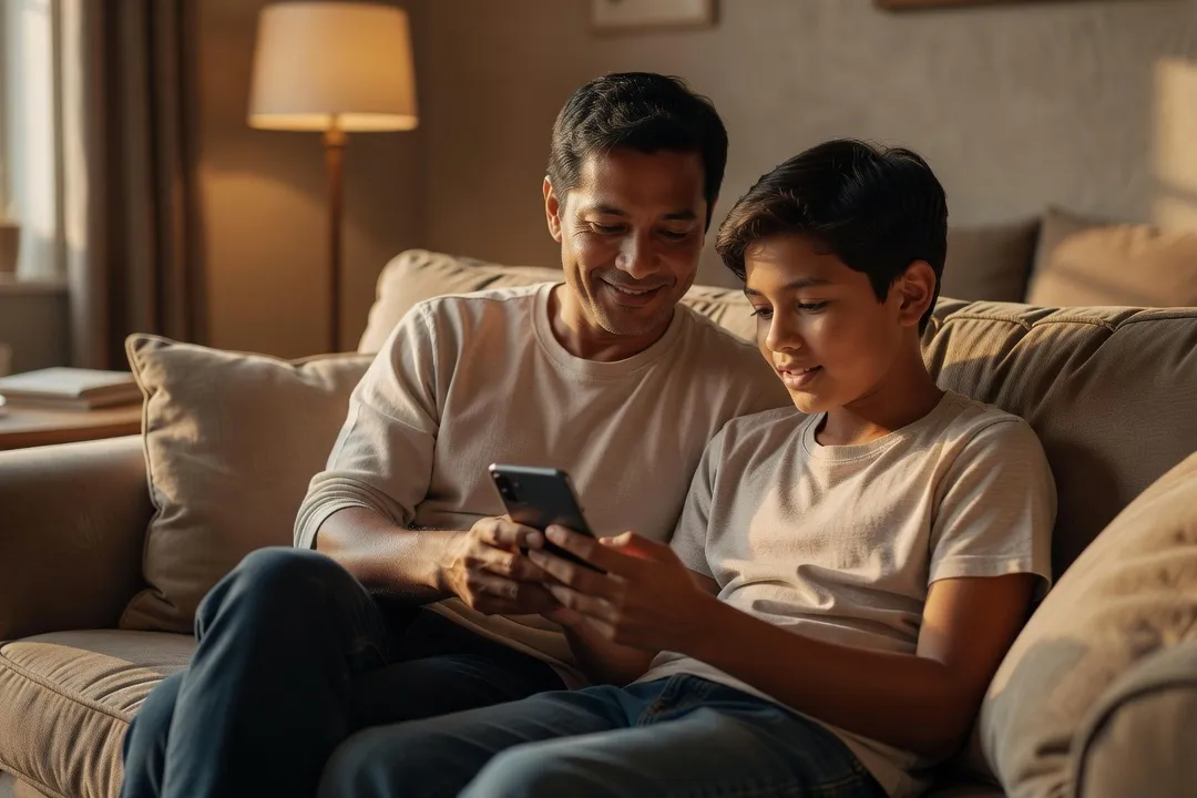 Parent et adolescent assis ensemble sur un canapé, regardant un smartphone et discutant calmement