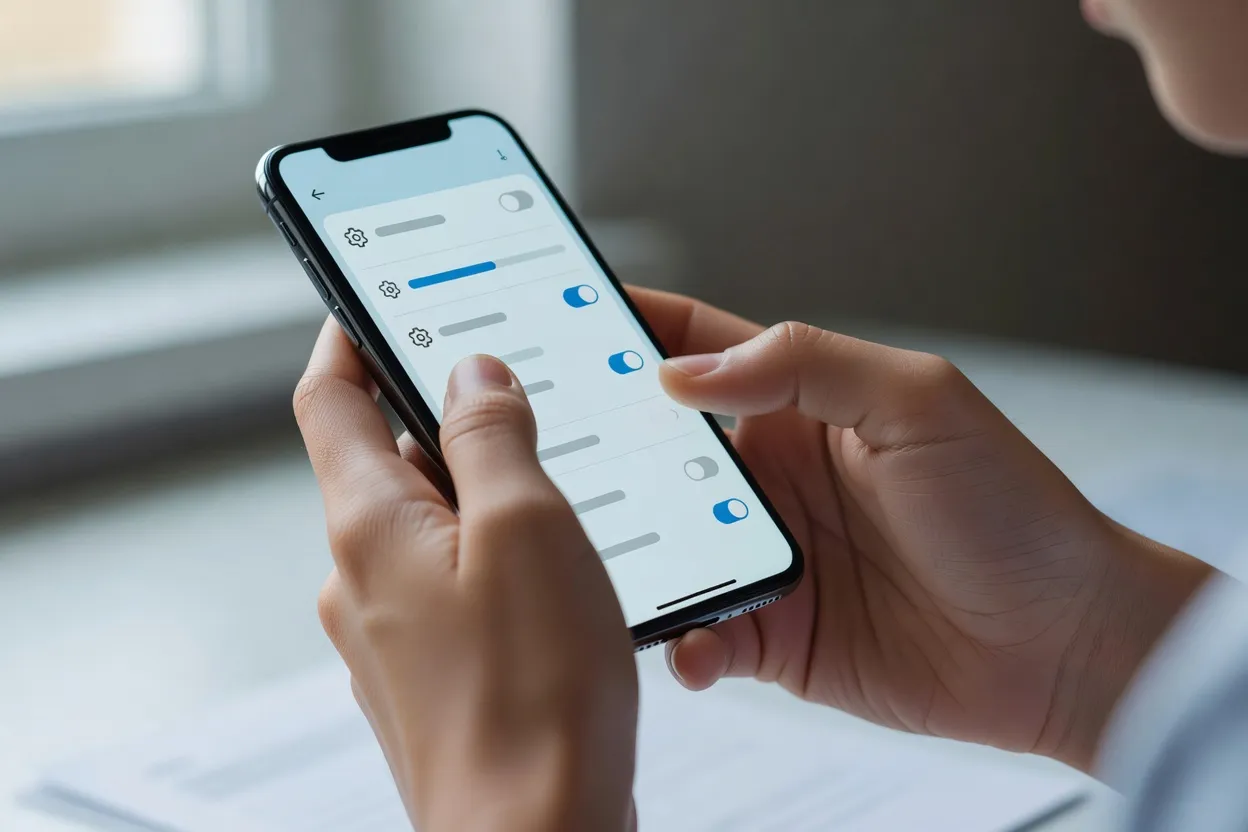 Mains d'un adolescent vérifiant les paramètres de confidentialité sur un smartphone