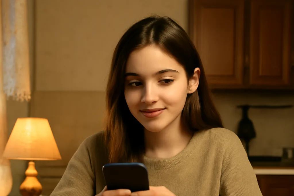 Adolescente russe souriante dans une cuisine chaleureuse, consultant son smartphone à la lumière d'une lampe