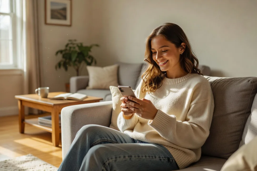 Adolescente américaine souriante allongée sur son lit dans une chambre lumineuse, consultant son smartphone