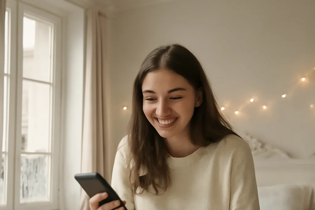 Adolescente française souriante dans une chambre décorée de guirlandes lumineuses, tenant son smartphone