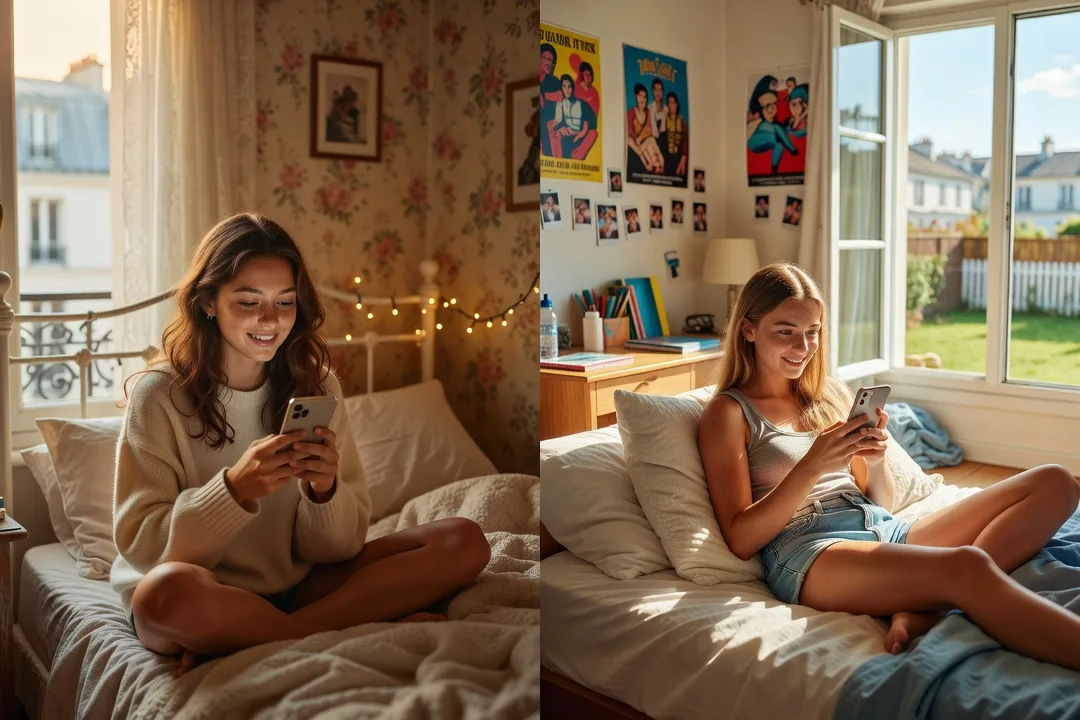 Deux adolescentes assises côte à côte, chacune avec son smartphone, comparant une application de messagerie