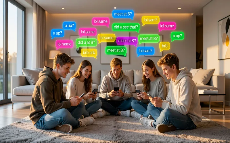 Groupe d'adolescents parlant en ligne sur leurs smartphones