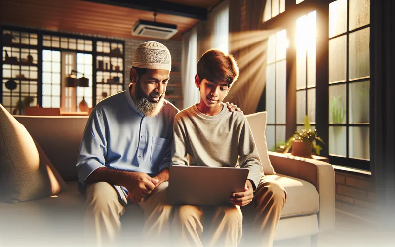 Parent et adolescent discutant ensemble de la securite en ligne sur un tchat